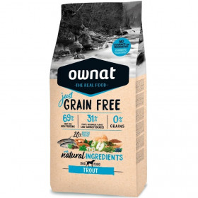 Натурална суха храна Ownat Adult Grain Free Trout - БЕЗ зърнени култури за пораснали кучета от всички породи, с 69% месо и пъстърва; разсфасовка 14кг